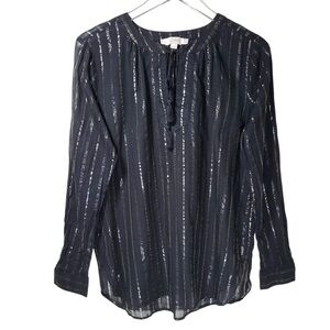 Ann Taylor LOFT Cotton Blend Semi-Sheer Tassel Tie Striped Top in Black/Gold